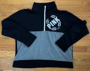 Victoria's Secret PINK Sweatshirt Large Black Gray Colorblock 1/4 Zip Pullover