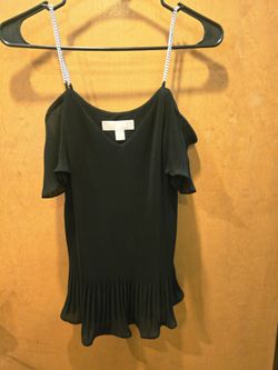 Michael Kors Black Pleated Cold-Shoulder Top with Silver Chain Straps