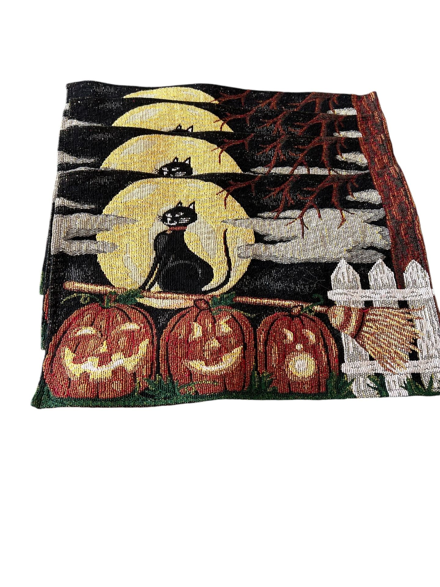 Set of 4 Tapestry Placemats,11”×16.5”HALLOWEEN,BLACK CAT,JACK-O-LANTERN PUMPKINS Add a spooky touch to your dining table with this set of 4 tapestry