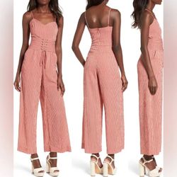 NWT Chriselle x J.O.A. Corset Wide Leg Jumpsuit, Red/White Stripe, Sz XS