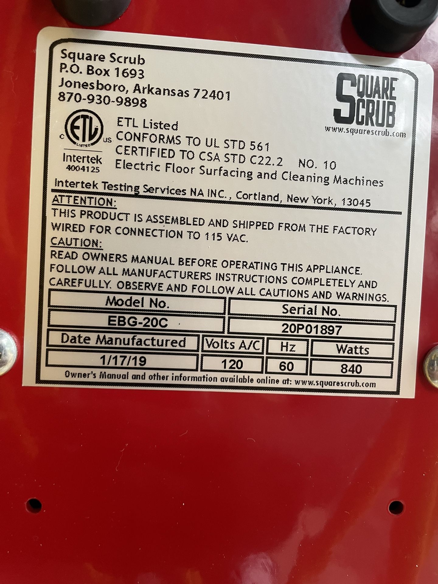 SQUARE SCRUB. EBG 20”/C Pivot Floor Preparation Machine