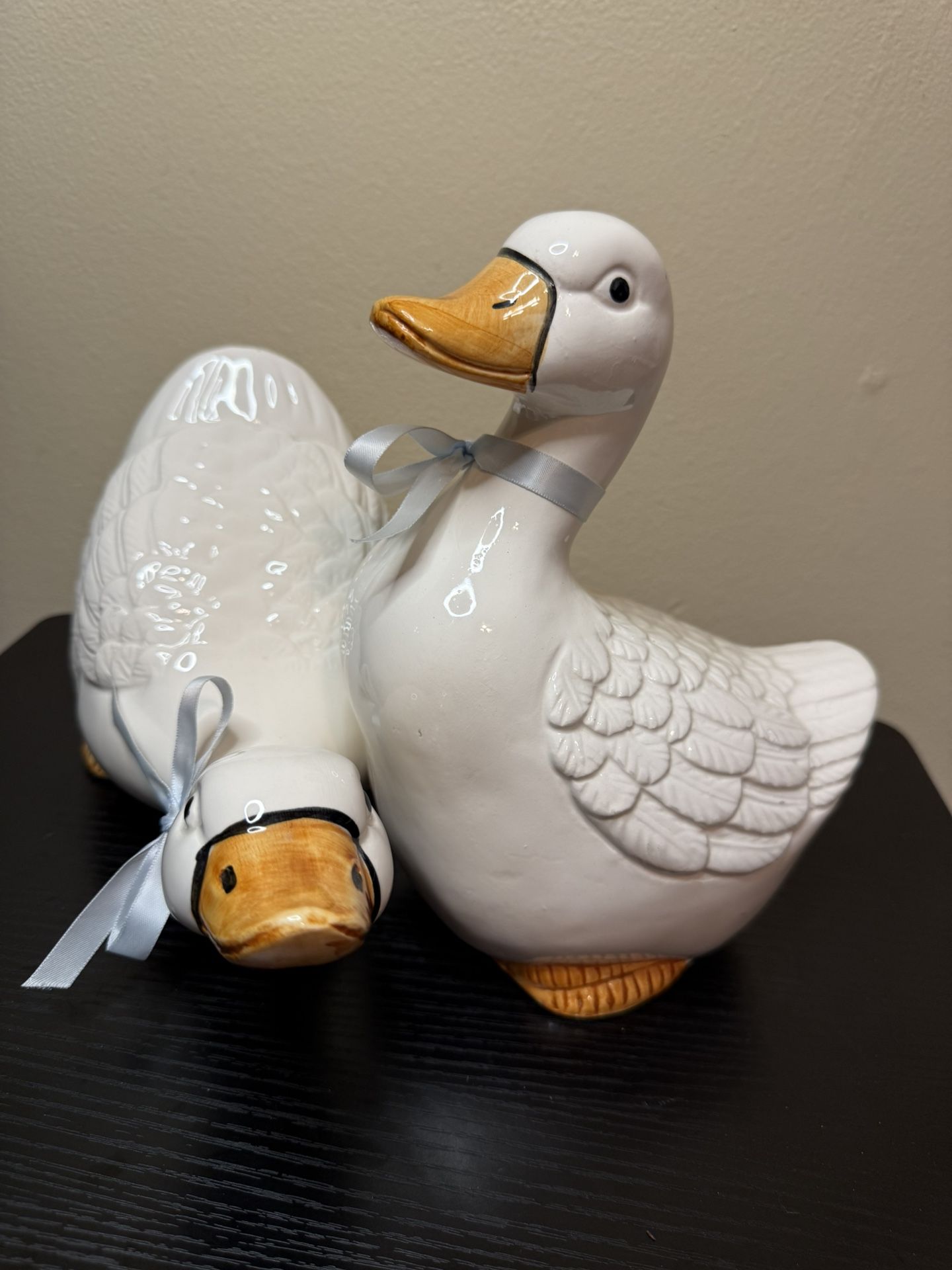 Two Vintage Goose Duck Ceramic Figurines with Blue Bows