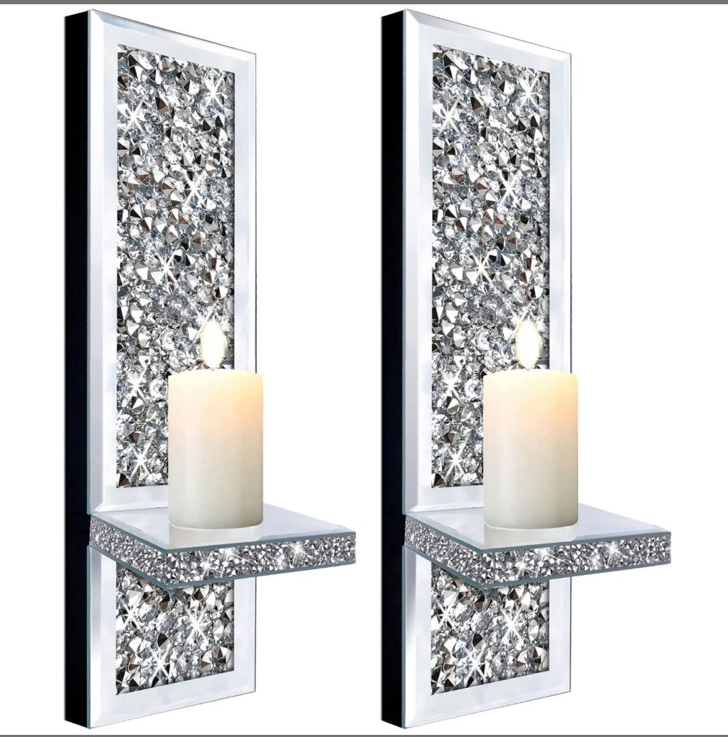 ZOLAPI Set Of 2 Crystal Crush Diamond Candle Sconces, Gorgeous Silver Mirrored Wall Sconce, Candle Holder Glass Wall Decorations For Home Décor, Livin