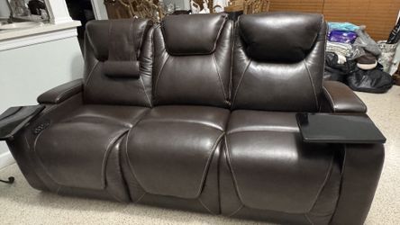 Seatcraft Vienna Dark Brown Leather Power Reclining Sofa with Tray Tables