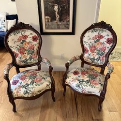 Pair of Solid Wood Carved Armchairs Newly Upholstered Delivery Available