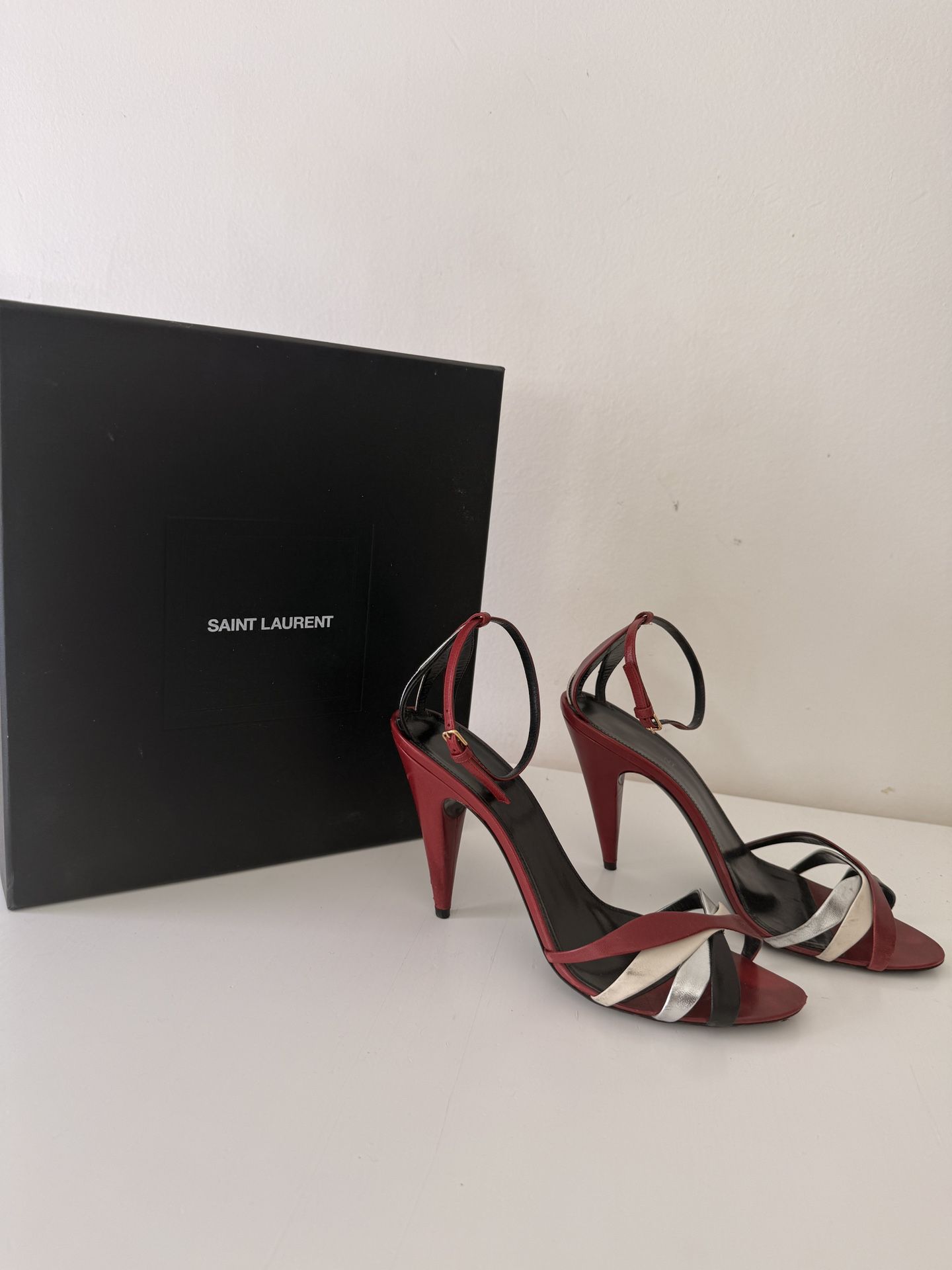 Women’s Saint Lauren, Burgundy, Silver, And White Heels