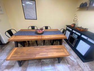 Industrial Wood Dining Table with Bench and Chairs
