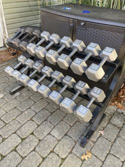 Complete Set Of Steel Hex Dumbbells From 5 Lbs To 55 Lbs With 2 Tier Powertec Dumbbell Rack