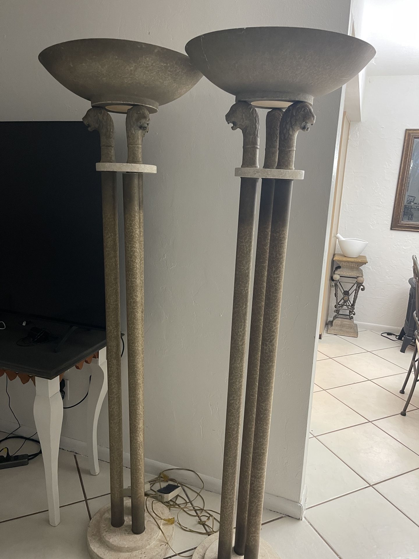 Vintage Neoclassical Style Triple Lion Heads Torchiere Floor Lamps - a Pair