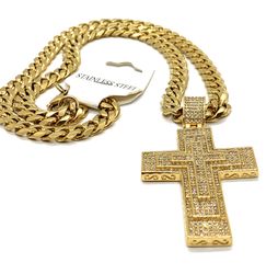 Necklace Stainless Steel 18K Gold Plated Cross With Cubic Zirconia, Width 9MM Size Length 24