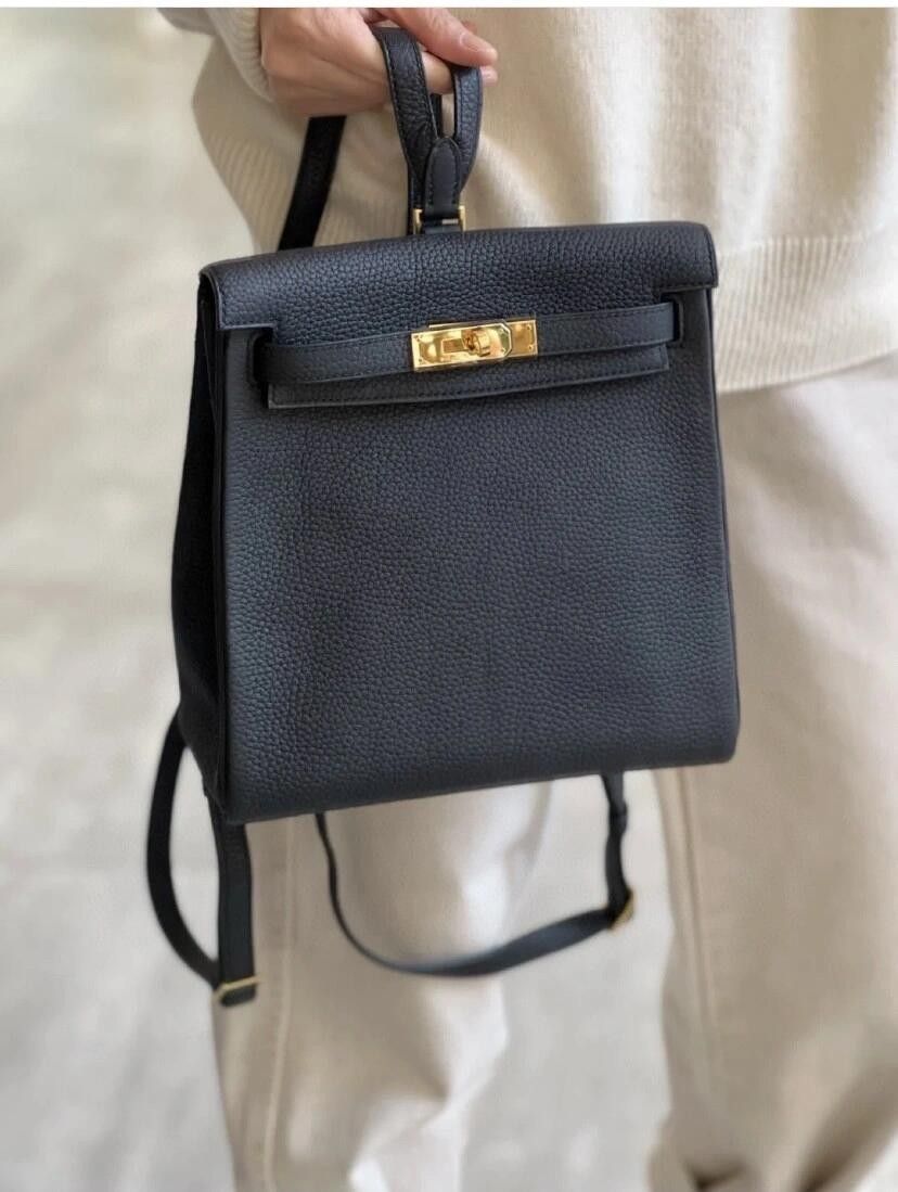 Hermes Kelly Ado GM Backpack | Black Taurillon Clemence Leather | Gold Hardware