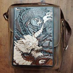 New Handmade Tooled And Carved Asian Dragon On A Messenger Bag. Comes With Your Initials Stamped 