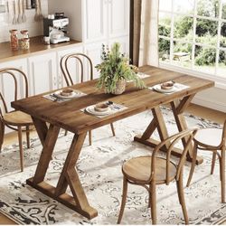 F2446 Solid Wood Dining Table for 4-6 People, 63 Inches Wooden Farmhouse Rectangular Kitchen Dinner Table with Heavy-Duty Legs for Home, Living Room, 