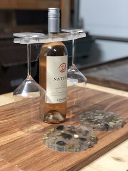 Epoxy wine rack with crystals and coasters with rocks- wine and glasses not included