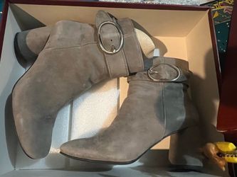 Donald Pliner Taupe Suede Ankle Boots with Buckle Detail