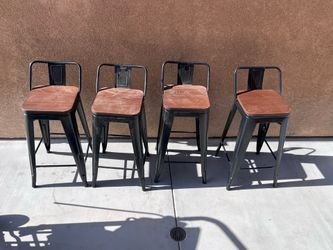 Set of 4 Industrial Metal and Wood Bar Stools