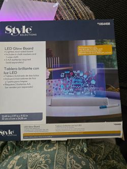 LED Glow Board in white. Bright LED base illuminates the clear dual-sided board for vibrant messages and drawings. Includes 6 chalk markers and 1 wipe