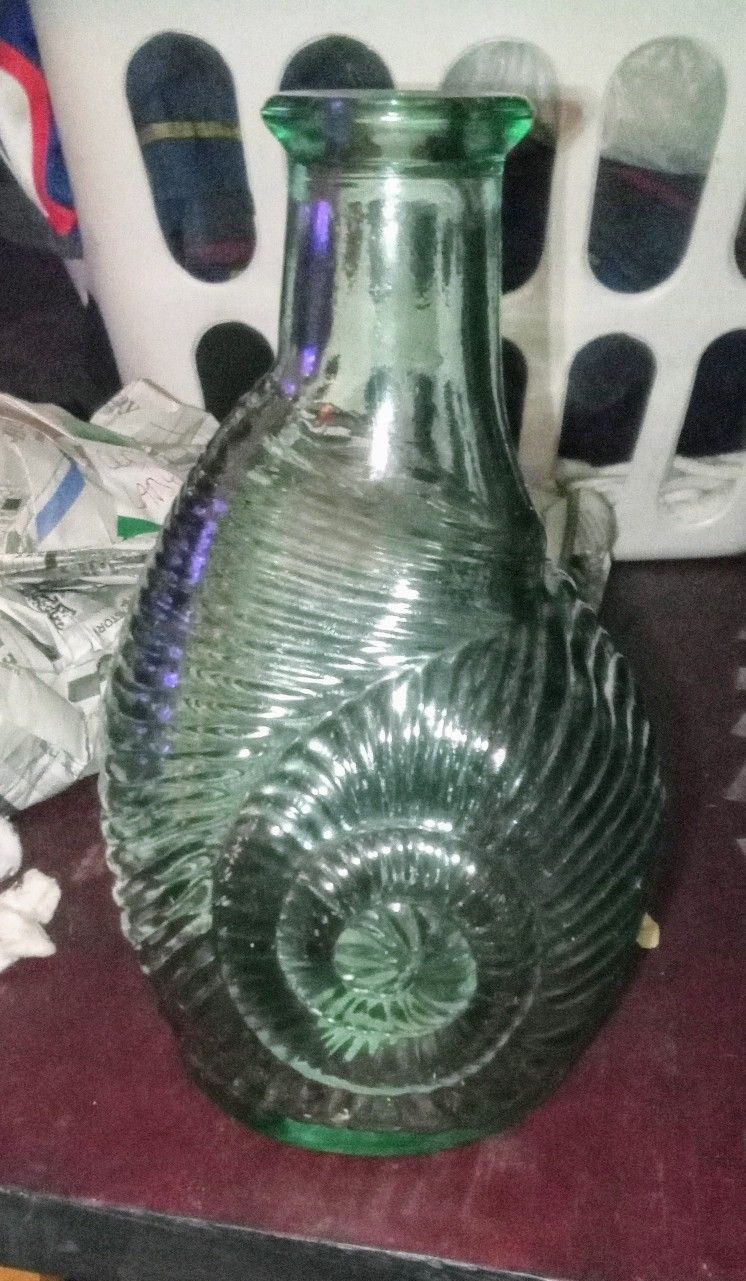 Vintage Snail Libbey Glass Green Recycled Bottle, Tuscany Decor,