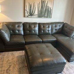Living Spaces Leather Sectional + Ottoman