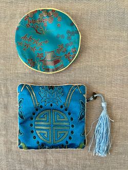 Vintage Asian Silk Coin Purses Blue Zipper Pouches Lot of 2
