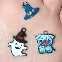 Lot Of 3 Different Types Of Jewelry Making Charms 15 Total Halloween Witch Hat Ghost Dog Pug