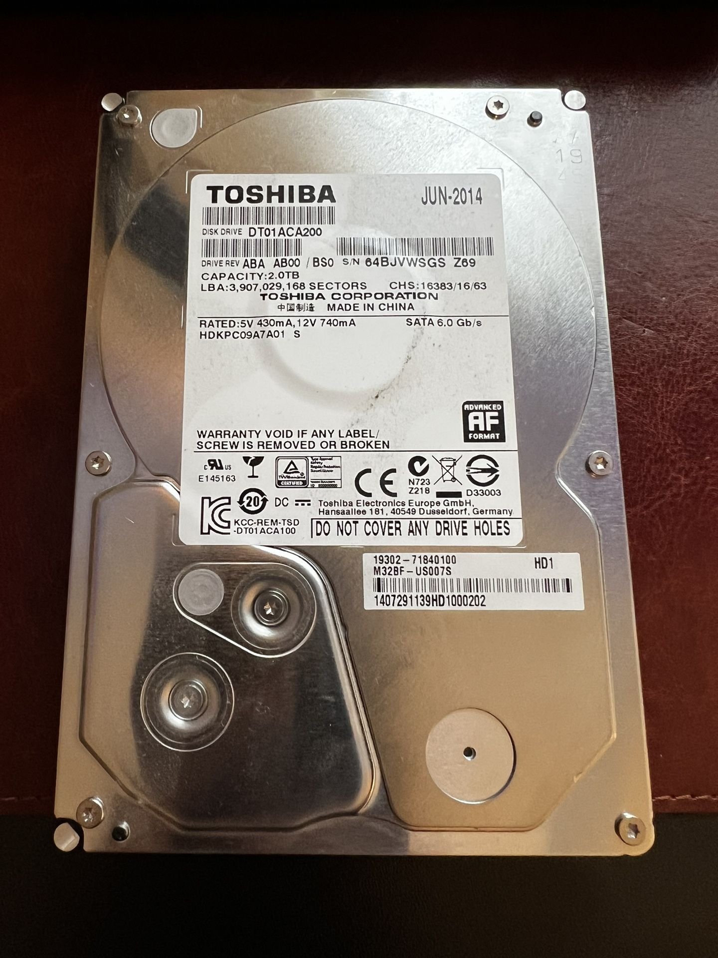 2TB Toshiba Desktop Hard Drive
