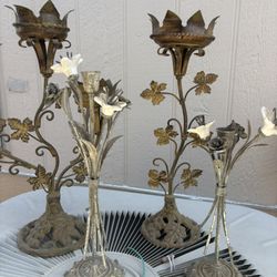 French Rococo style gilt metal candelabras with grape and leaf motifs