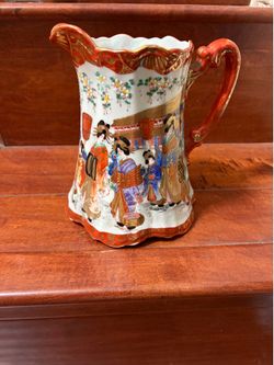 Antique Hand Painted Nippon O.C.C. Co. Geisha Scenic Porcelain Pitcher 6.5”