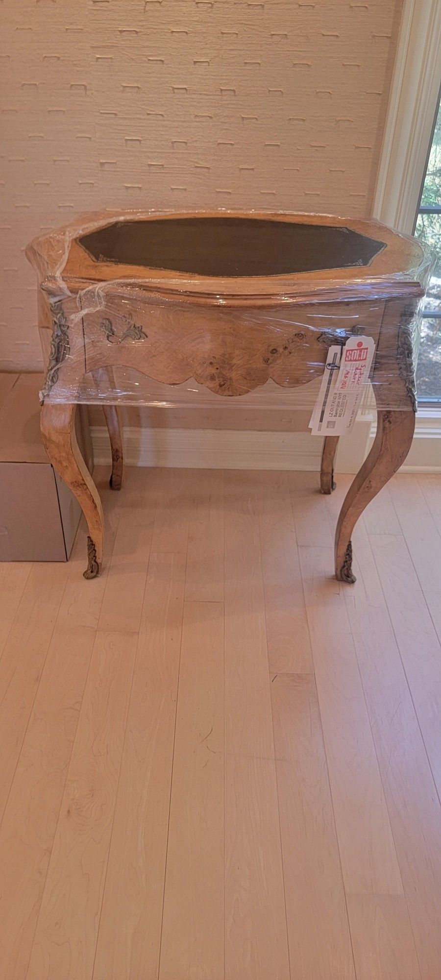 French Antique Leather Top Desk w Drawer Inlaid Top Table