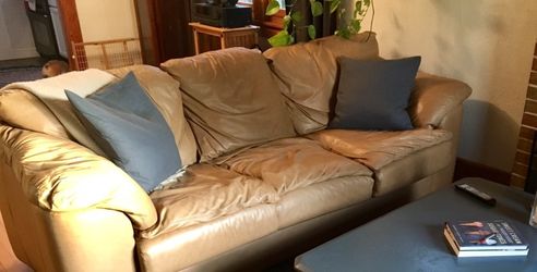 Tan leather sofa and arm chair.