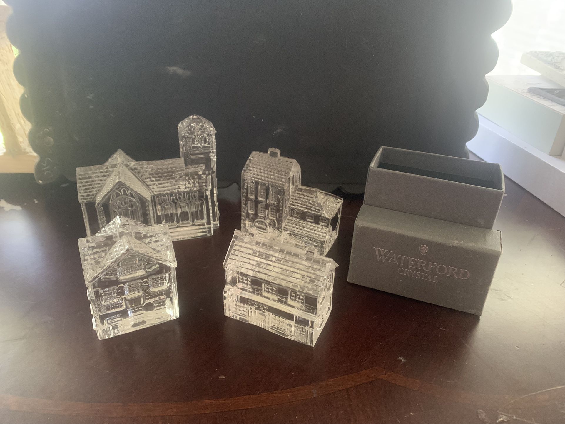 Lot Of 4 Waterford Crystal “Lismore” Paperweight Figurines Post Office, Cake Shop,  Church,  Village Hotel 