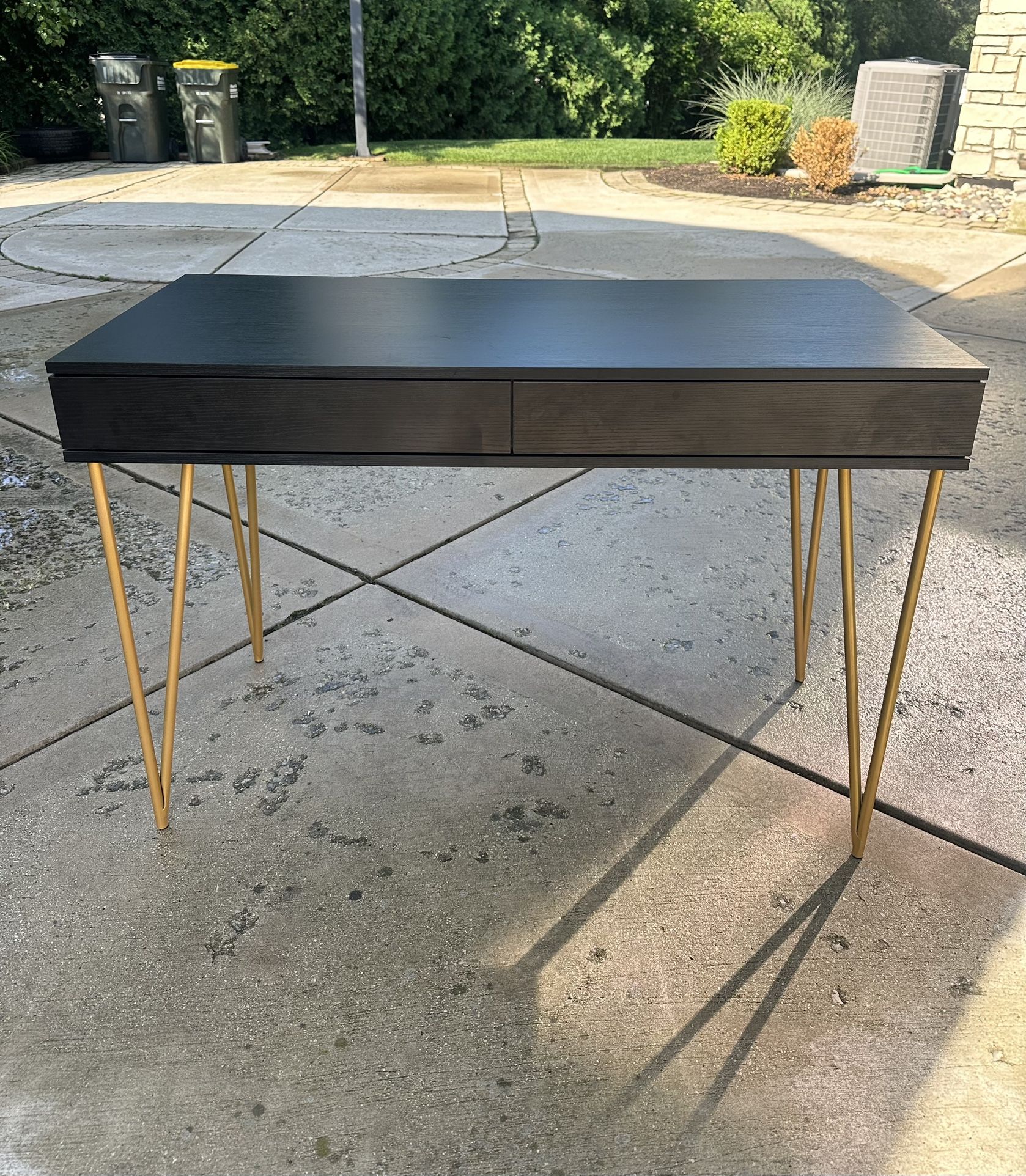Pine 2 Drawer Desk In Black with Gold Legs