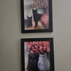 Now Only $20 For The Set Of 2.   Beautiful Black Cats Custom Framed Artwork.   New, Never Used 