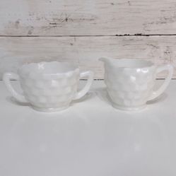 Vintage Jeanette Cubist Milk Glass Cream & Sugar Set