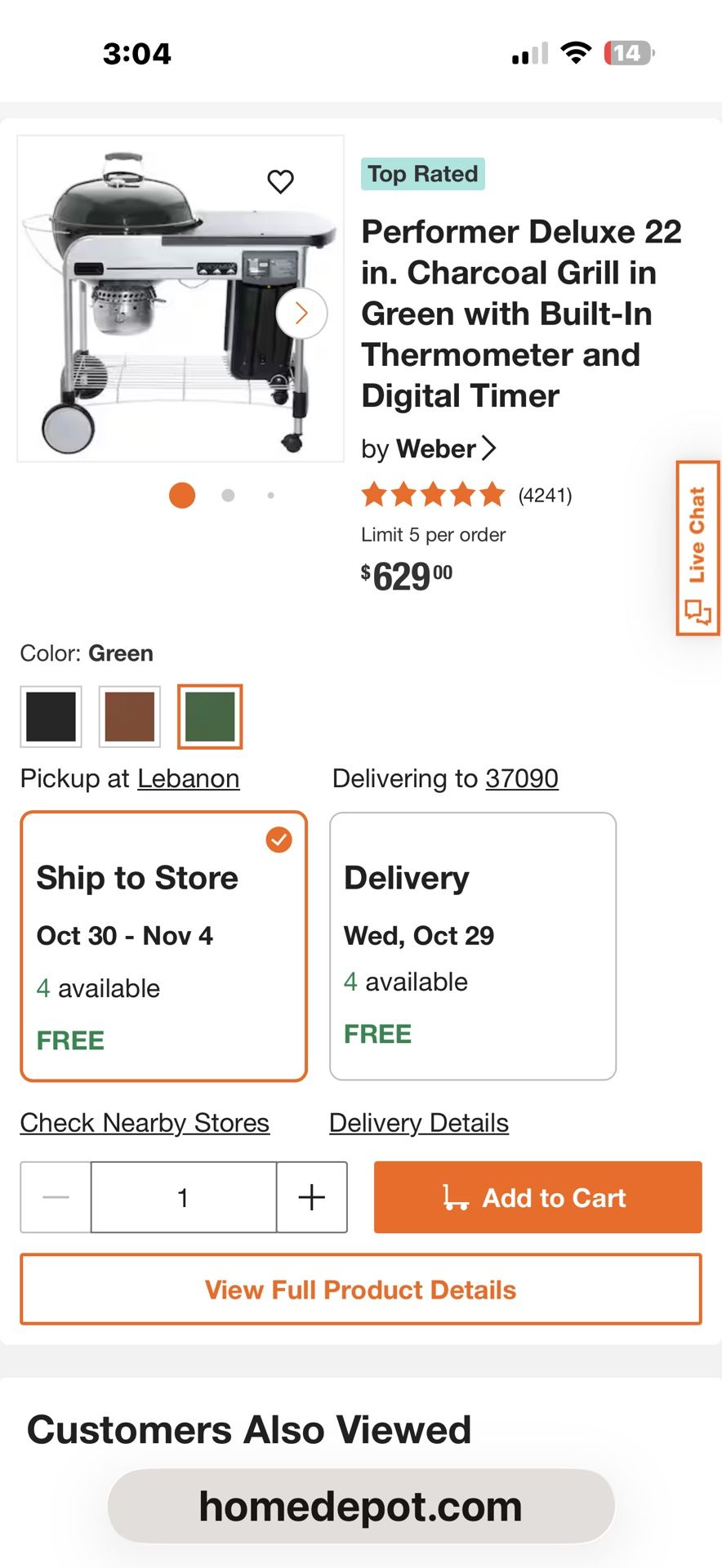 New Weber Performer Deluxe 22 in. Charcoal Grill in Green with Touch-N-Go Gas Ignition