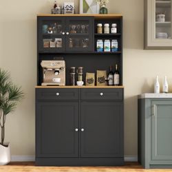 Tall Pantry Cabinet, Modern Kitchen Hutch with Microwave Stand, Kitchen Pantry Storage Cabinet with 2 Darwers & Door Shelf, Food Pantry with Glass Doo