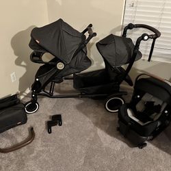 AUSTLEN ENTOURAGE DOUBLE STROLLER SET INCLUDES NUNA CAR SEAT & MORE