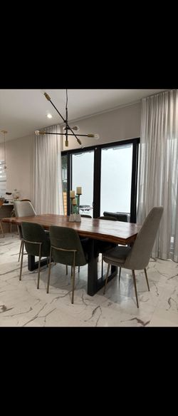 7-Pc Dining Set - Solid Live Edge Acacia Table & 6 West Elm Chairs