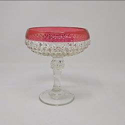 Vintage Indian Glass Diamond Point Ruby Red Rim Candy Dish