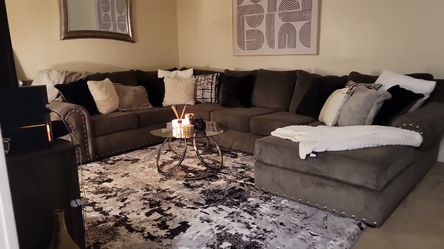 Large Charcoal Gray Sectional Couch Set + Glass Coffee Table & Area Rug – Great Condition!