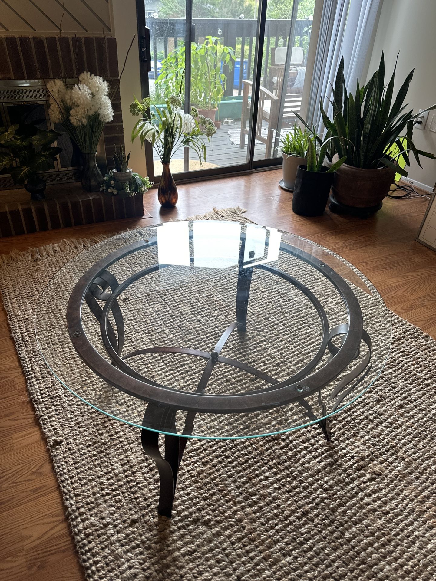 Glass and iron coffee table.