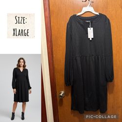 Black long sleeve V-neck textured casual tiered ruffle mini dress