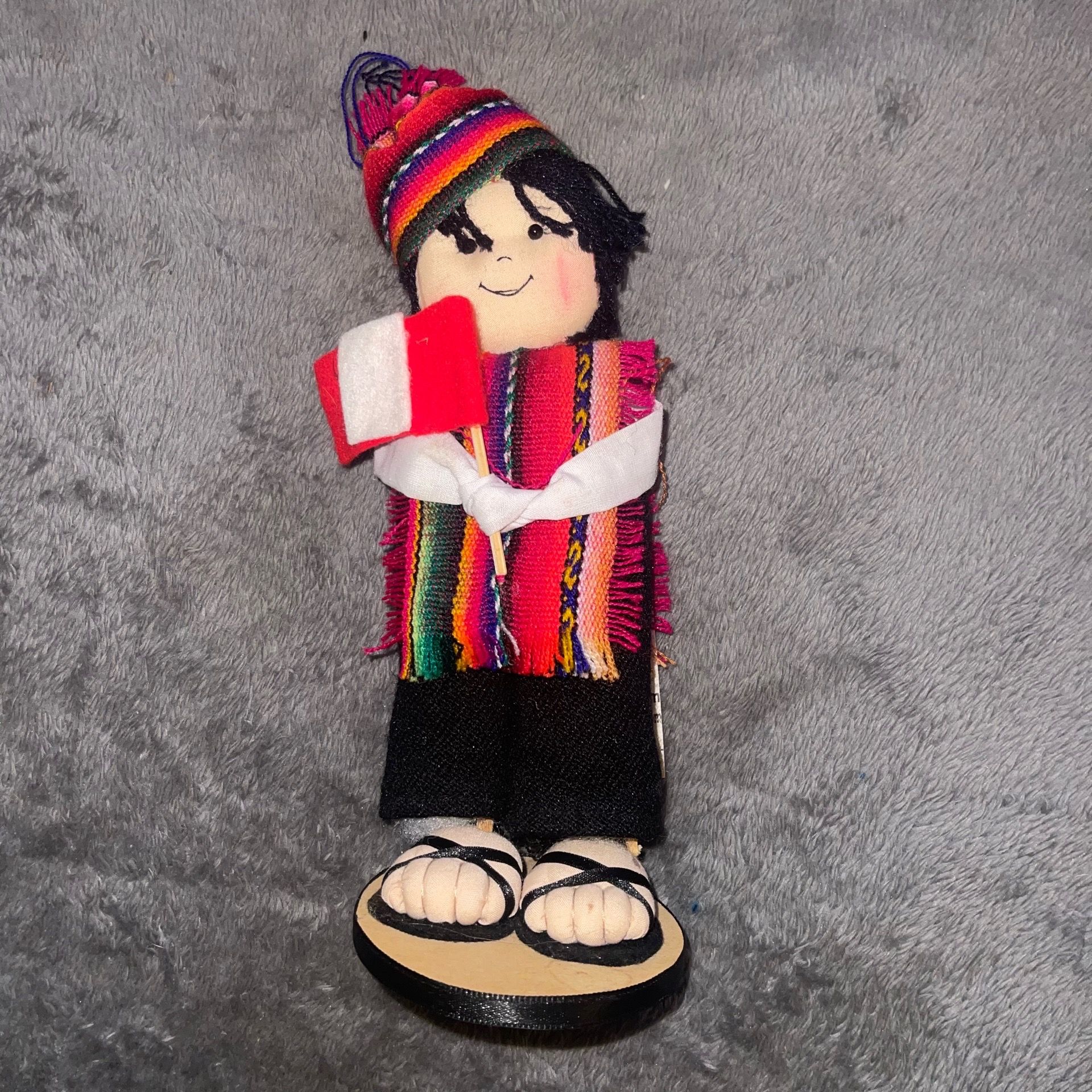 Vintage Handmade Peruvian Folk Art Doll Holding Peru Flag – 9” Colorful Andean