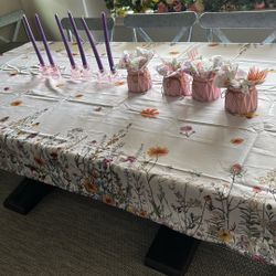 Table Cloth, 6 Glass Pink Candle Holders, 4 Utensil Holder Used As Part Of A Baby Shower.  