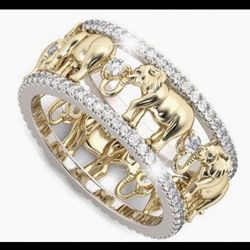 Gorgeous 925 Sterling Silver High-End 14  KT Gold TwoToned Natural White Sapphires Elephants BridalBand 