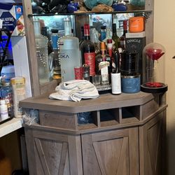 73" Tall Corner Storage Cabinet with Wood Doors, Wine Rack, Liquor Glass Holder, Glass Design Large Rustic Bar Hutch for Living Room, Home Office, Kit