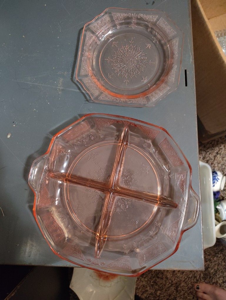 2pc. 1930s Pink Depression Glass Princess Dishes