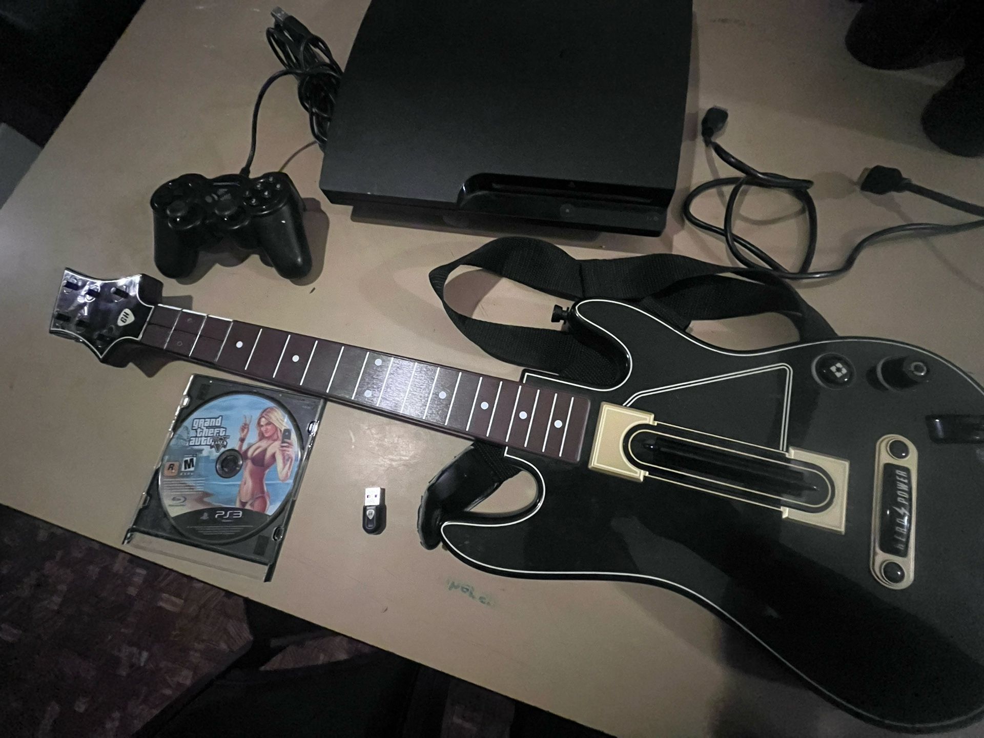 PS3 Slim 120 Gig W Wired Control And Wireless Guitar W Games 