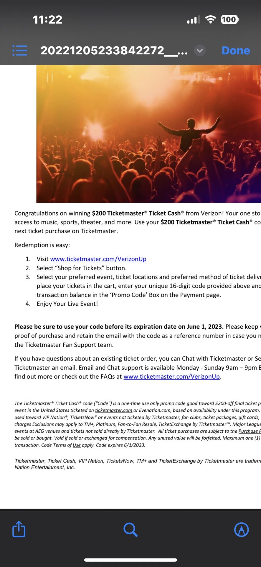 $200 Verizon TicketMaster TicketCash