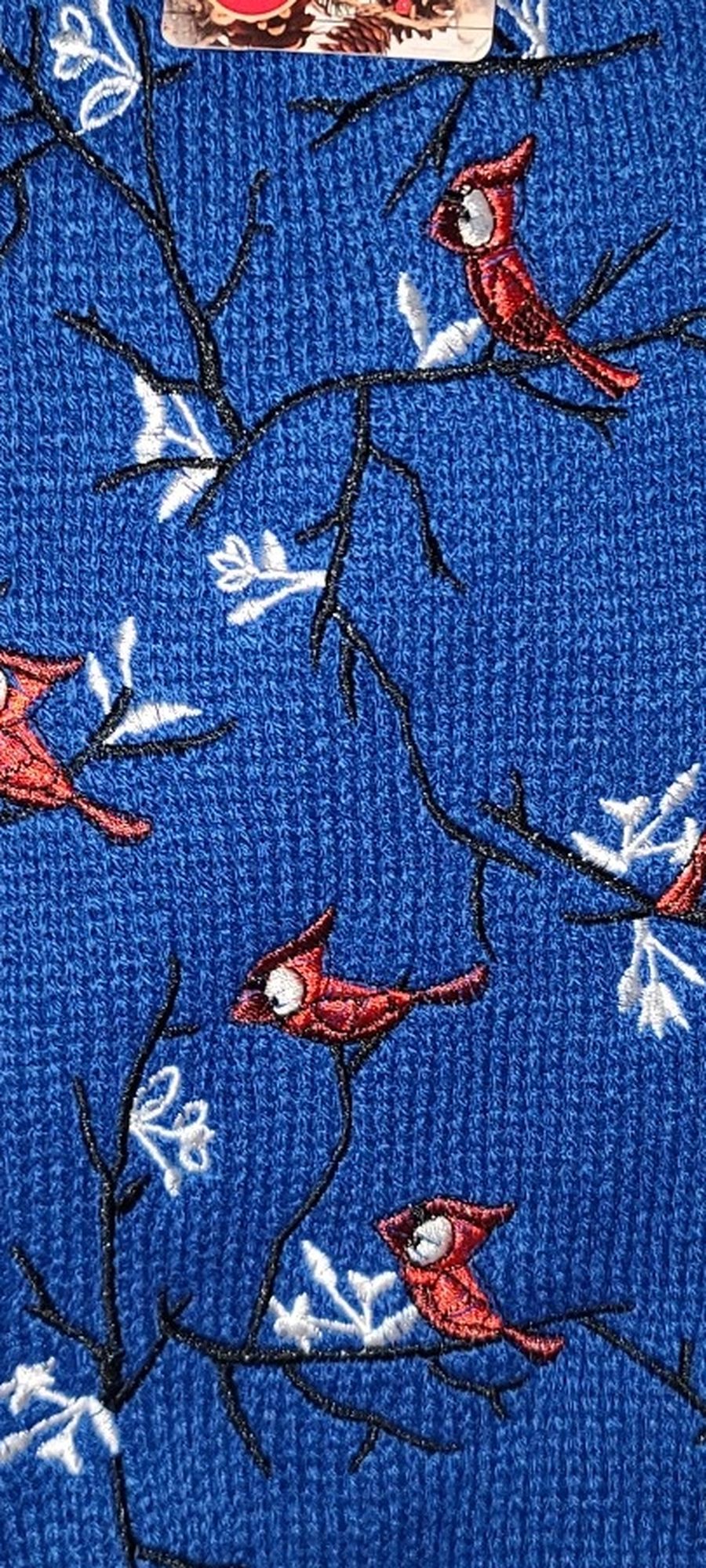 Dog Sweater Blue w/ Happy Little Cardinals Medium